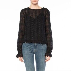 All Saints Black Sheer Dakota Top Women's Size 2 Lace Embroidery Long Sleeve